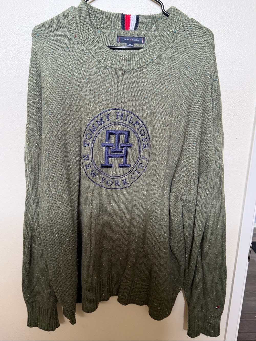 Tommy Hilfiger Olive Crewneck Sweater with Navy Logo